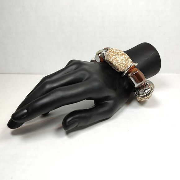 Silver Tone Metal Plastic Beads Stretchy Elastic Cord Bracelet 7.25" Multicolor - Picture 7 of 10